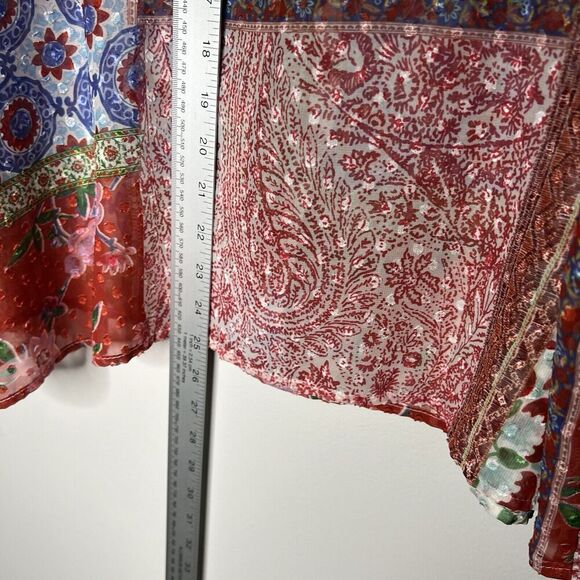 Zara Top Womens XL Patchwork Floral V Neck Ruffle Boho Swiss Dot Chiffon Blouse - Picture 4 of 16